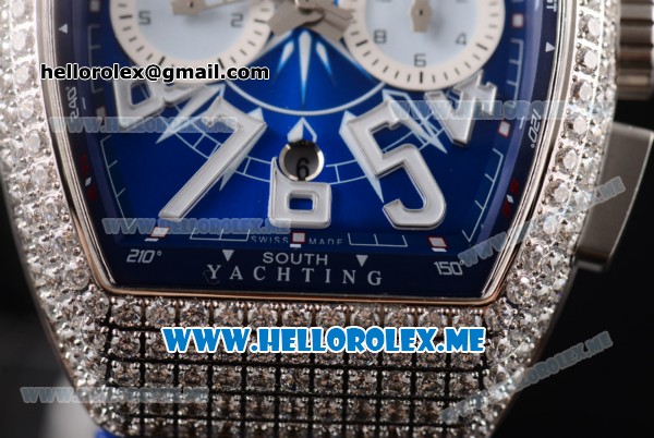 Franck Muller Vanguard Miyota OS20 Quartz Steel Case with Blue Dial Blue Leather Strap Arabic Numeral Markers and Diamonds Bezel - Click Image to Close